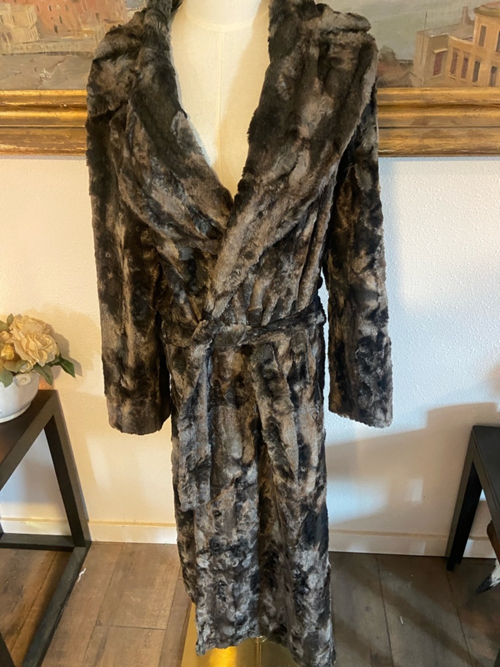 Lux Faux-Fur coat - Charcoal/Black Gray Plush Wrap long coat.  Beautiful & warm.